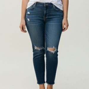 Old Navy Women's 14 Dark Blue Distressed Cropped Jean Midrise Slim Straight